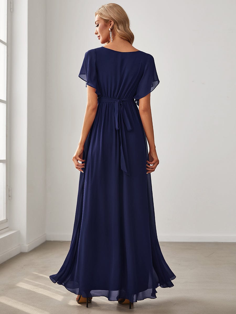 A-Line Pleated Chiffon Tie-Waist Evening Dress #color_Navy Blue