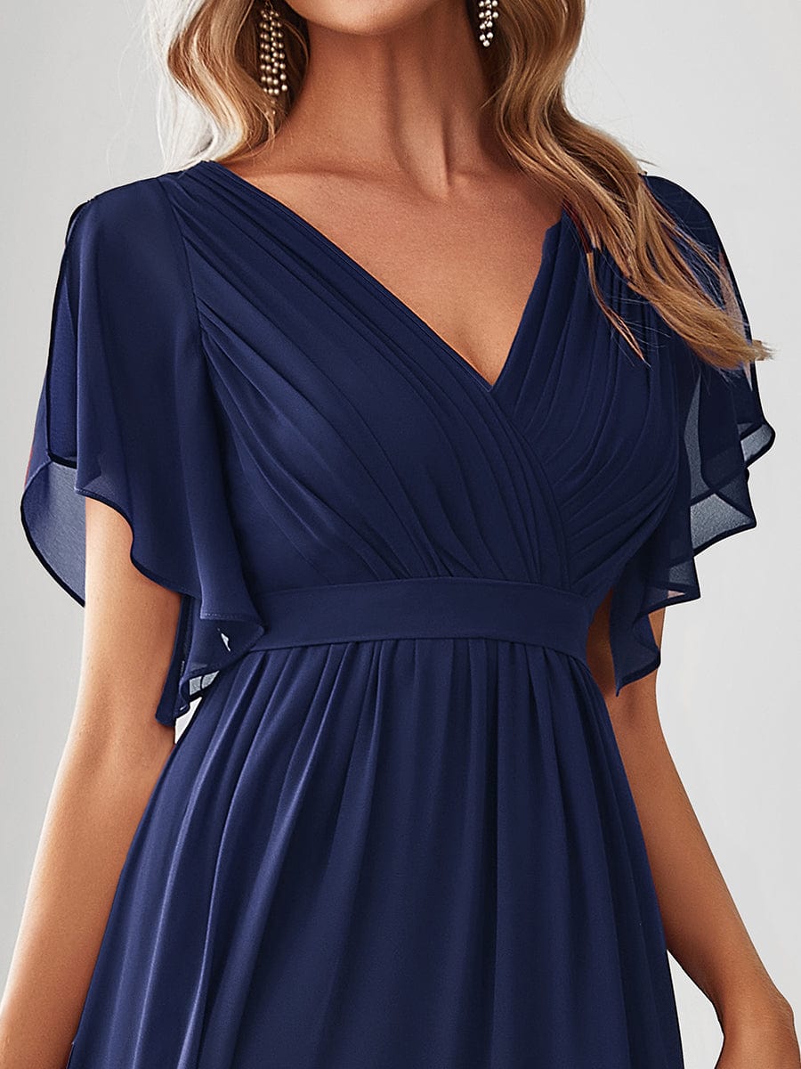 A-Line Pleated Chiffon Tie-Waist Evening Dress #color_Navy Blue