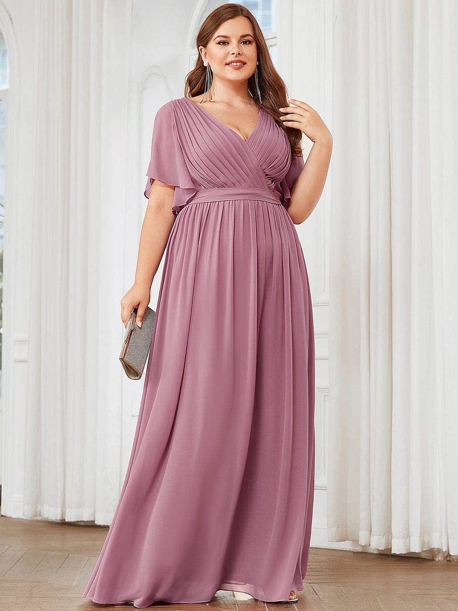 Plus Size Ruffle Pleated Chiffon Tie-Waist Evening Dress #color_Purple Orchid