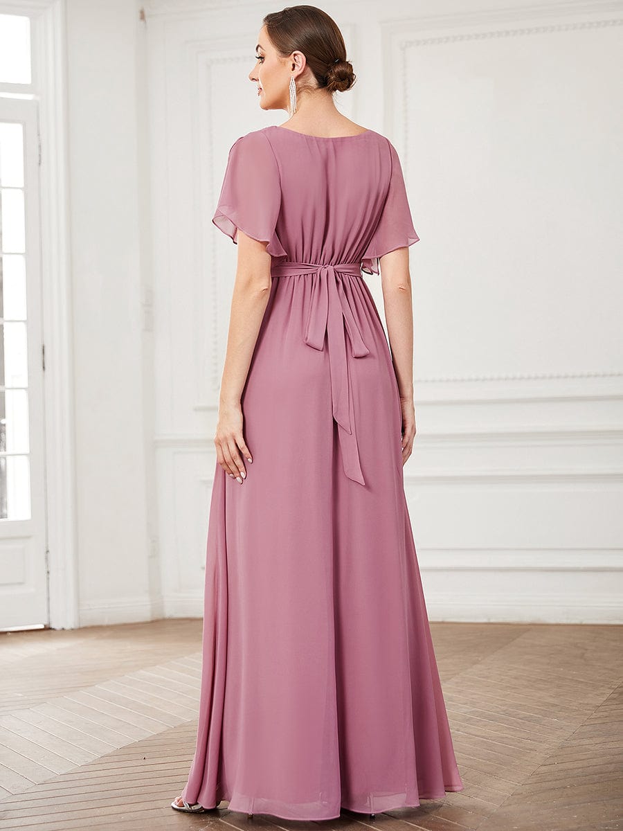 A-Line Pleated Chiffon Tie-Waist Evening Dress #color_Purple Orchid