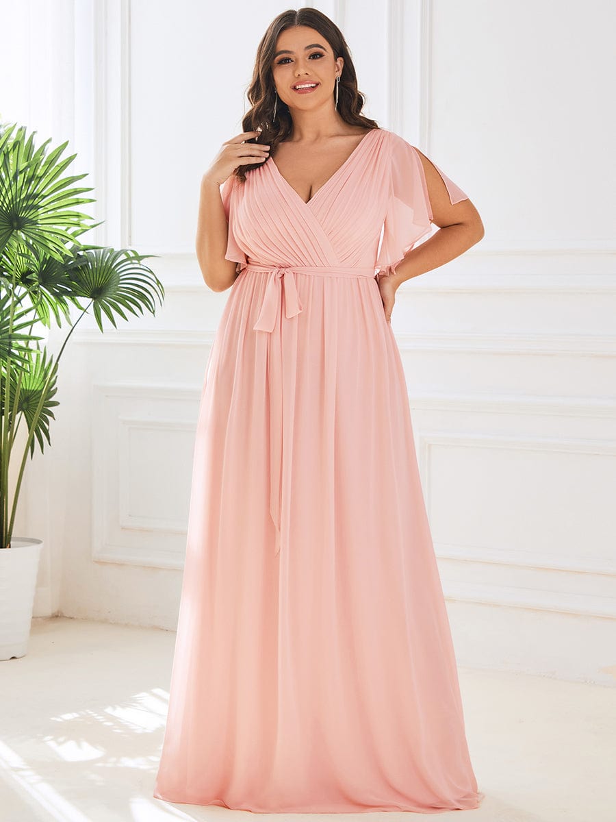 A-Line Pleated Chiffon Tie-Waist Evening Dress #color_Pink