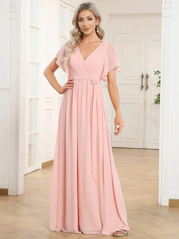 Flowy Pleated A-Line Chiffon Tie-Waist Bridesmaid Dress