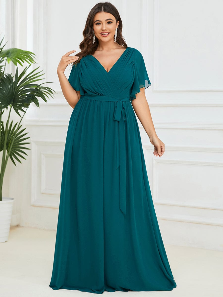 Plus Size Ruffle Pleated Chiffon Tie-Waist Evening Dress #color_Teal