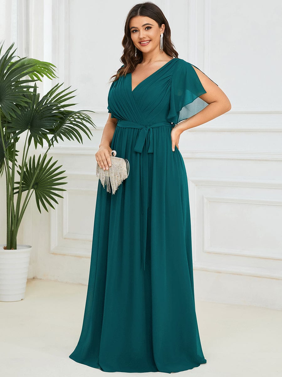 Plus Size Ruffle Pleated Chiffon Tie-Waist Evening Dress #color_Teal