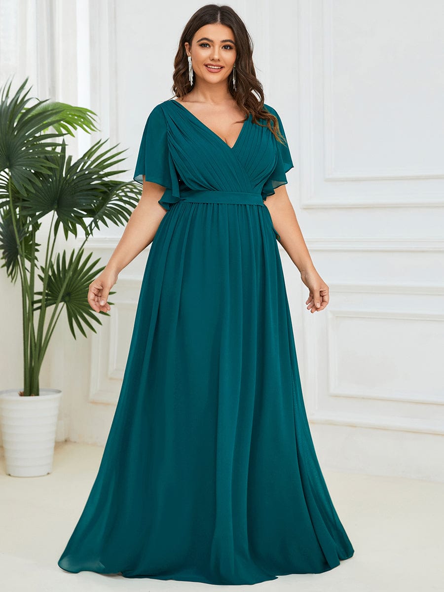 A-Line Pleated Chiffon Tie-Waist Evening Dress #color_Teal