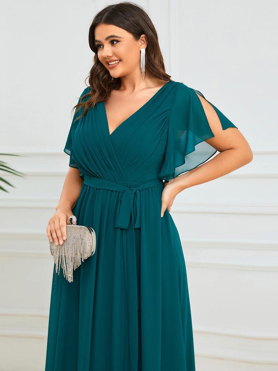 A-Line Pleated Chiffon Tie-Waist Evening Dress #color_Teal