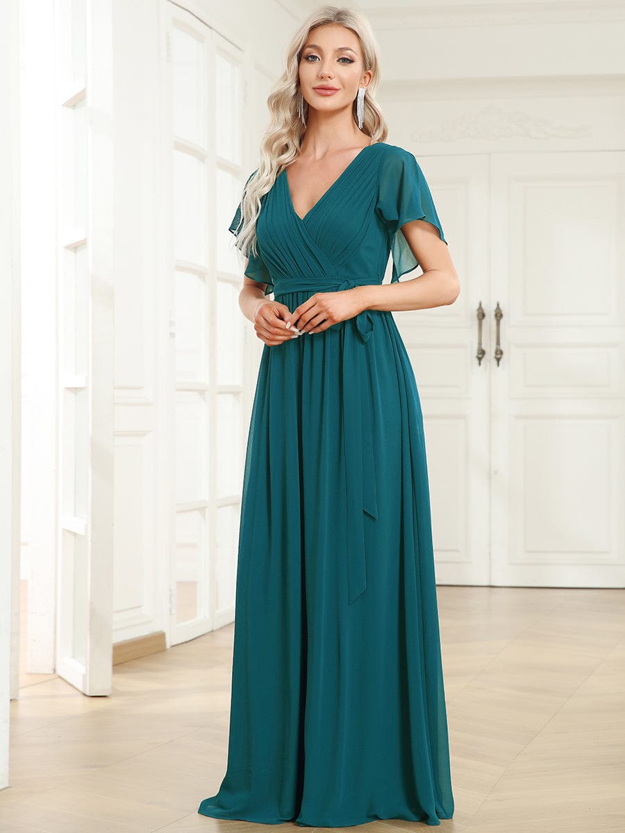 A-Line Pleated Chiffon Tie-Waist Evening Dress #color_Teal