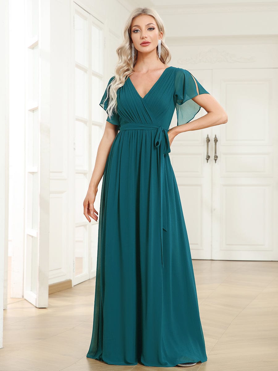 A-Line Pleated Chiffon Tie-Waist Evening Dress #color_Teal