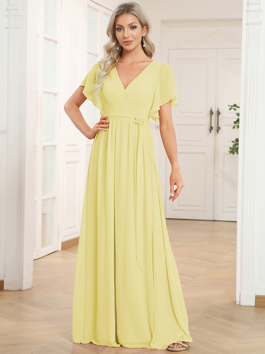 A-Line Pleated Chiffon Tie-Waist Bridesmaid Dress #color_Yellow