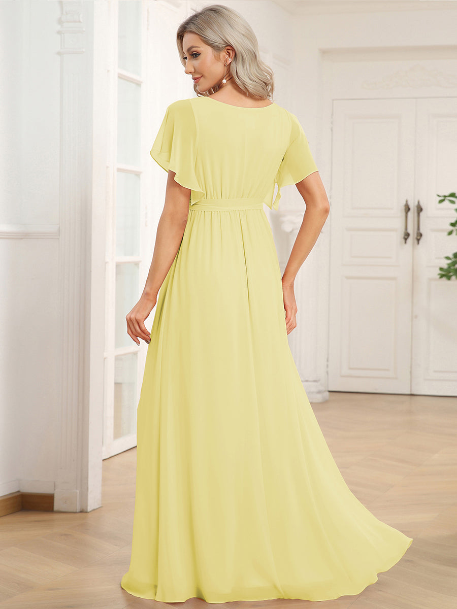 A-Line Pleated Chiffon Tie-Waist Bridesmaid Dress #color_Yellow