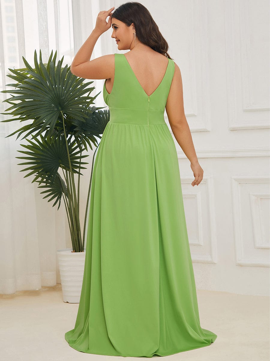 Chiffon High Slit Sleeveless V-Neck Empire Waist Evening Dress #color_Avocado Green