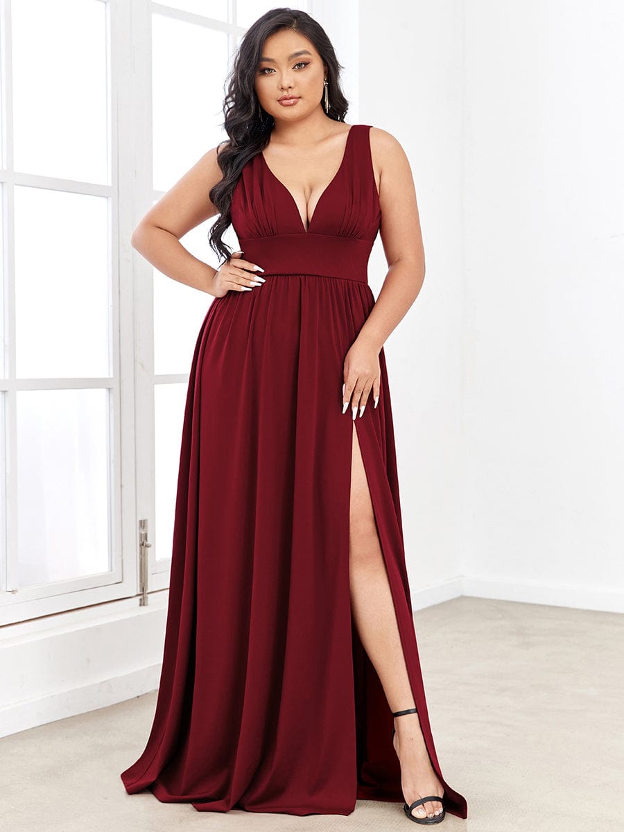 Chiffon High Slit Sleeveless V-Neck Empire Waist Evening Dress #color_Burgundy