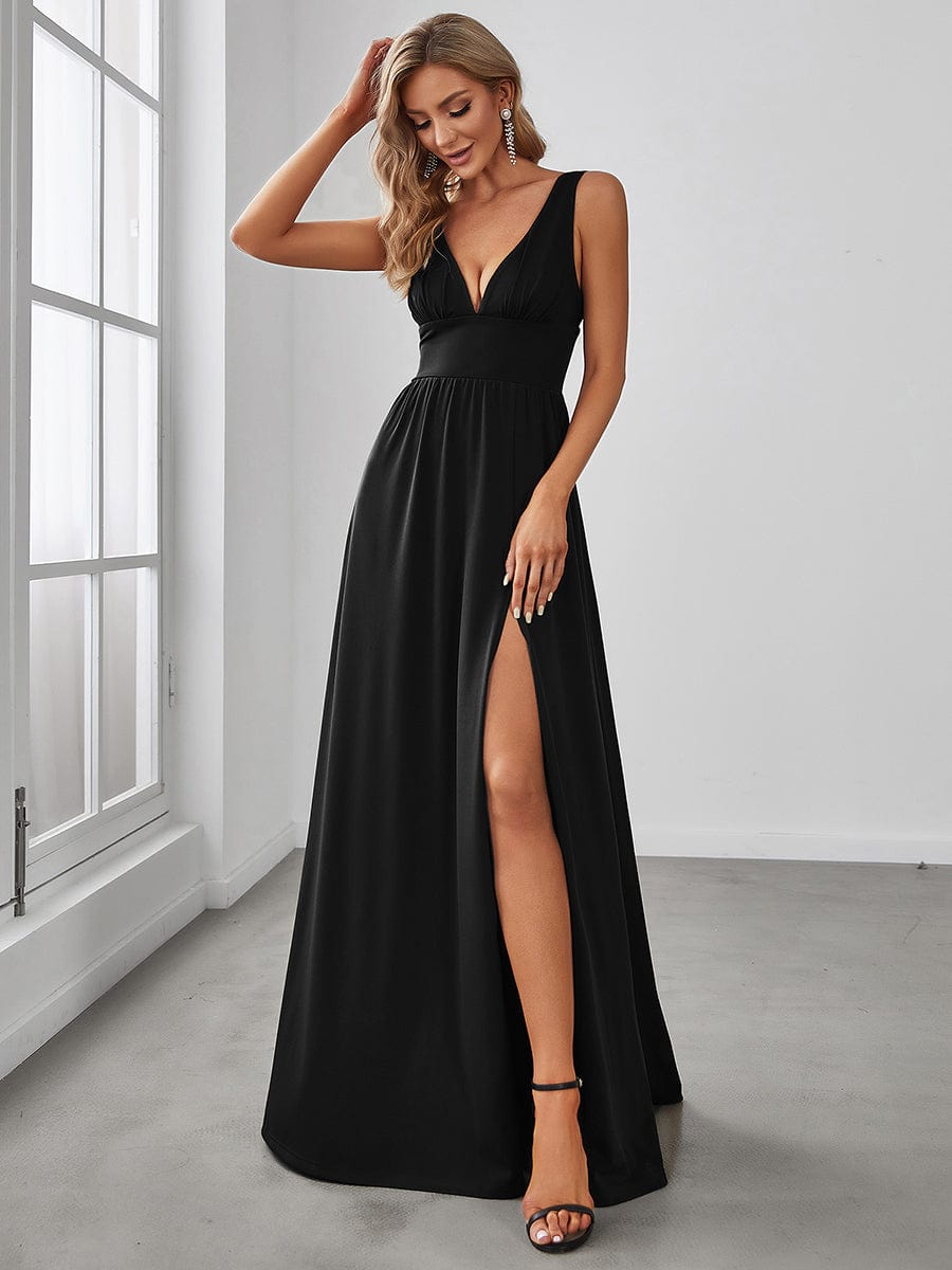 Chiffon High Slit Sleeveless V-Neck Empire Waist Evening Dress #color_Black