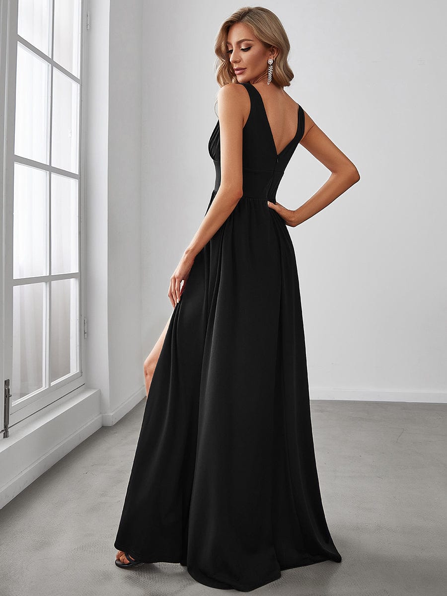 Chiffon High Slit Sleeveless V-Neck Empire Waist Evening Dress #color_Black