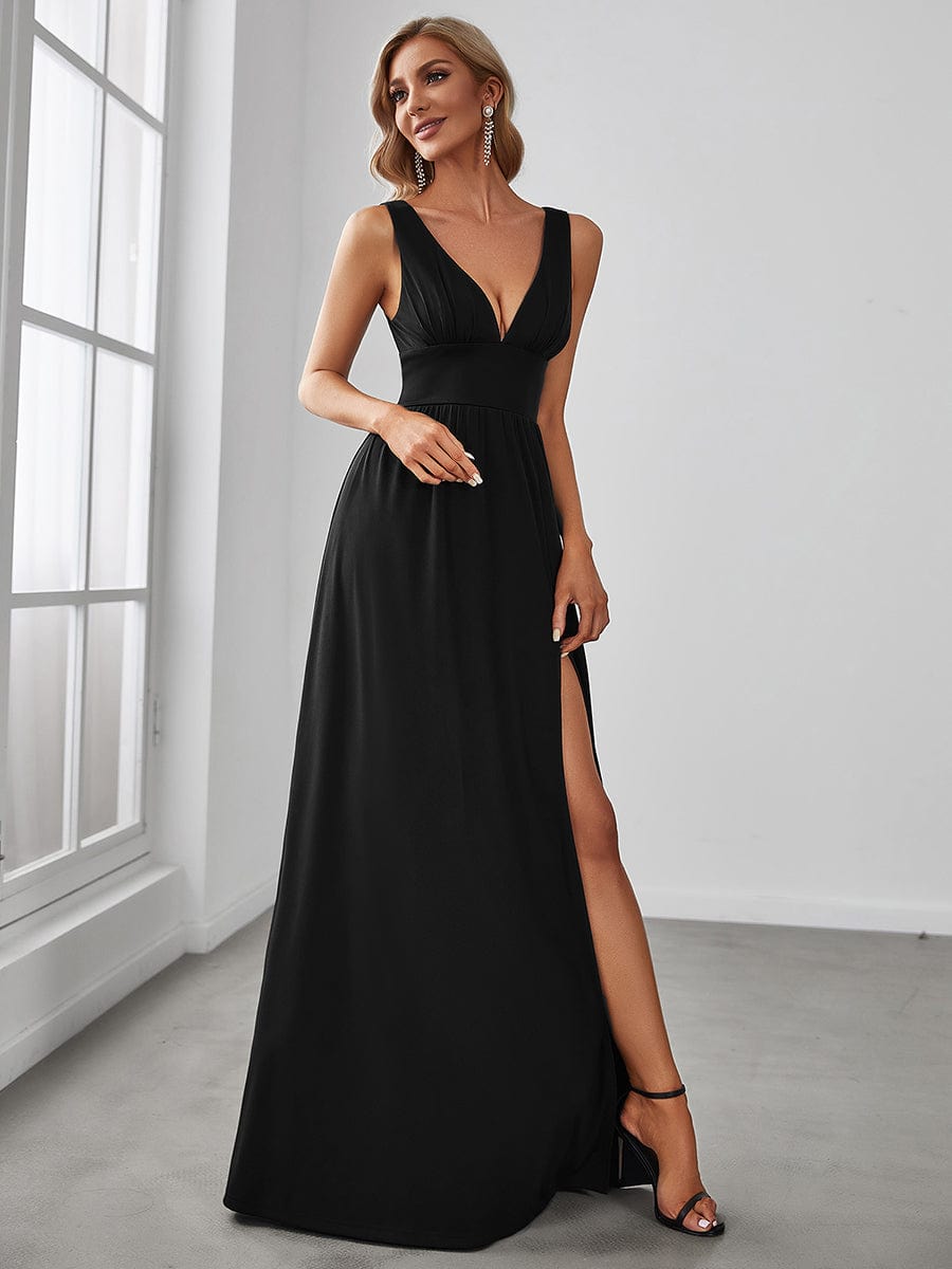 Chiffon High Slit Sleeveless V-Neck Empire Waist Evening Dress #color_Black