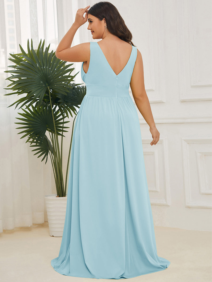 Sleeveless V-Neck Empire Waist High Slit Floor-Length Evening Dress #color_Sky Blue