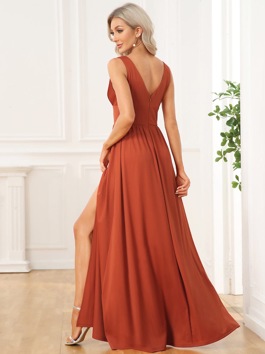 Chiffon High Slit Sleeveless V-Neck Empire Waist Evening Dress #color_Burnt Orange