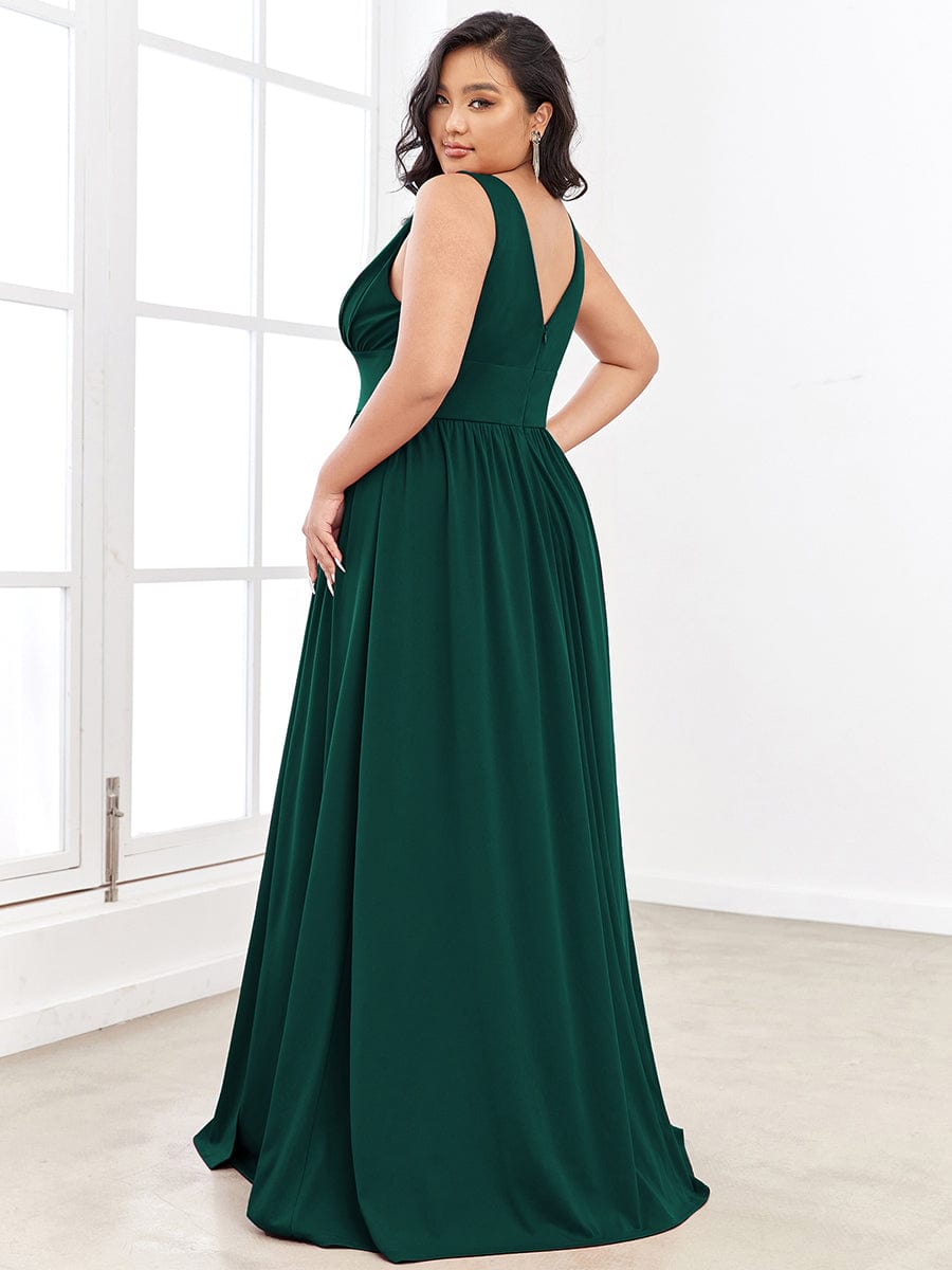 Chiffon High Slit Sleeveless V-Neck Empire Waist Evening Dress #color_Dark Green