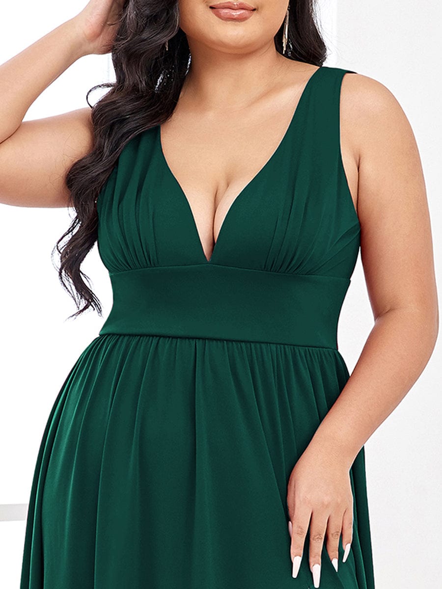 Chiffon High Slit Sleeveless V-Neck Empire Waist Evening Dress #color_Dark Green