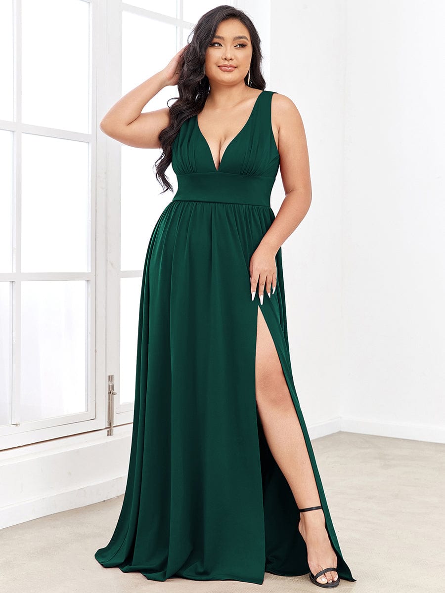 Chiffon High Slit Sleeveless V-Neck Empire Waist Evening Dress #color_Dark Green