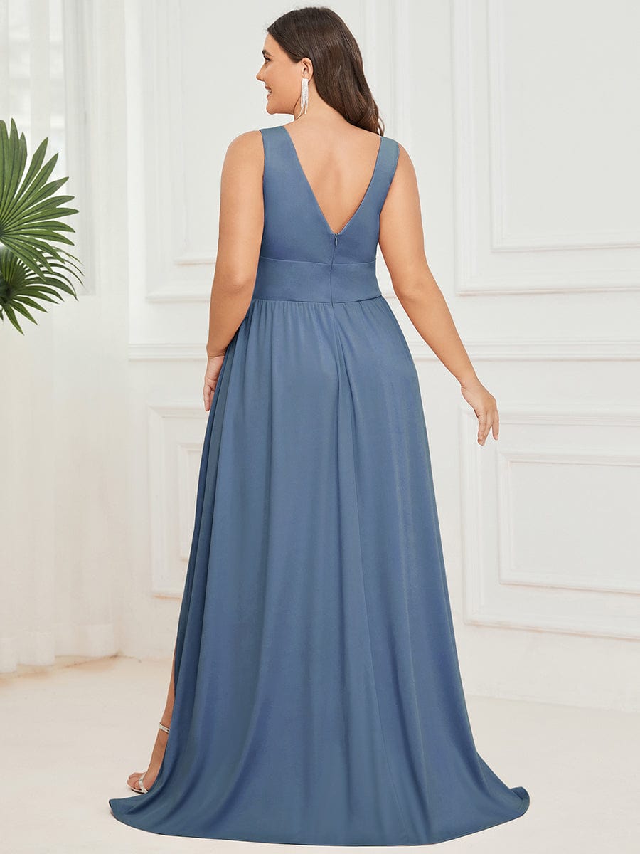 Chiffon High Slit Sleeveless V-Neck Empire Waist Evening Dress #color_Dusty Blue