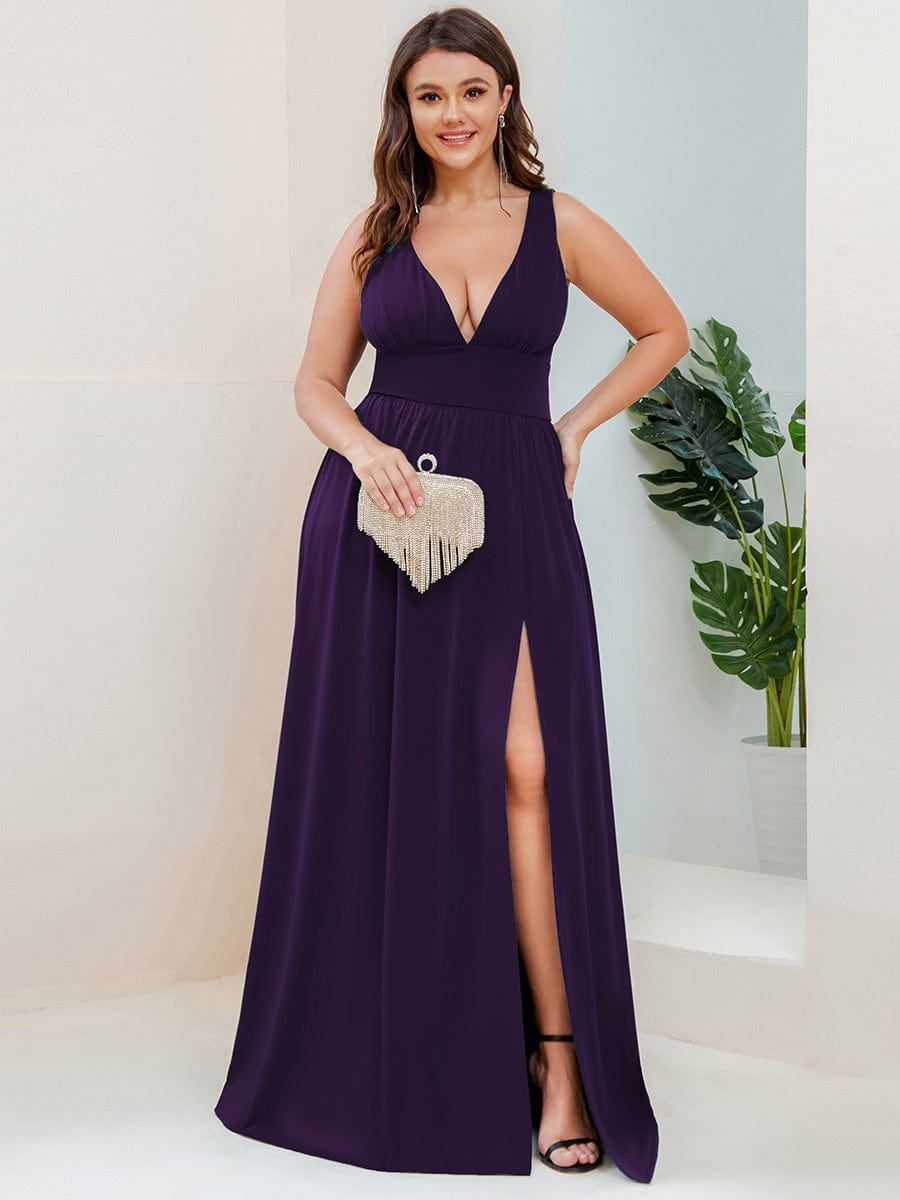 Plus Size Sleeveless V-Neck Empire Waist High Slit Floor-Length Evening Dress #color_Dark Purple