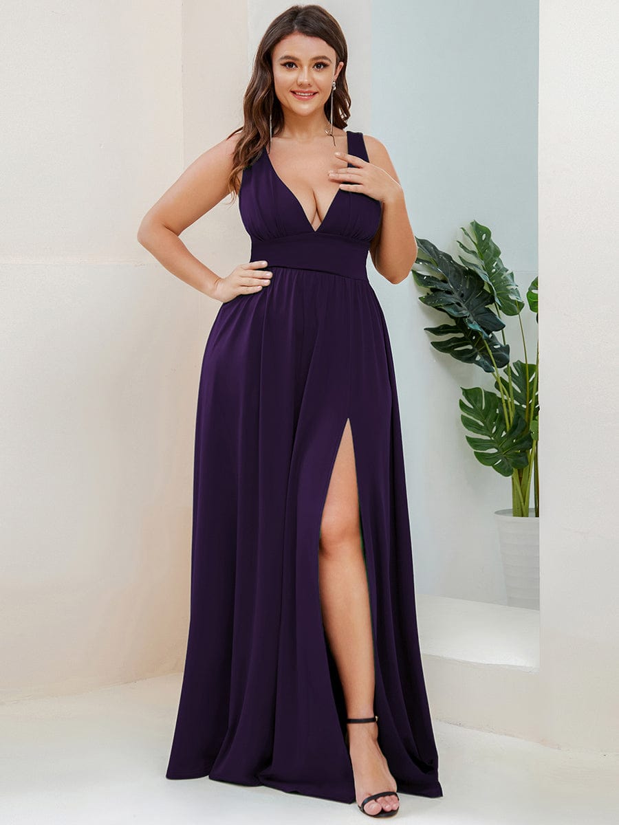 Plus Size Sleeveless V-Neck Empire Waist High Slit Floor-Length Evening Dress #color_Dark Purple