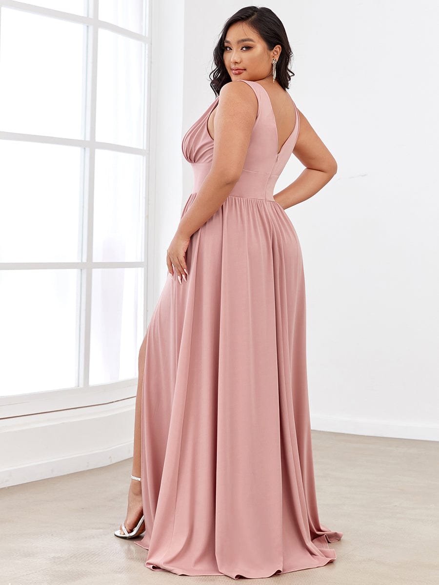 Chiffon High Slit Sleeveless V-Neck Empire Waist Evening Dress #color_Dusty Rose