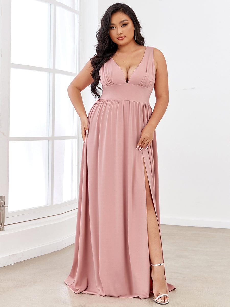 Chiffon High Slit Sleeveless V-Neck Empire Waist Evening Dress #color_Dusty Rose