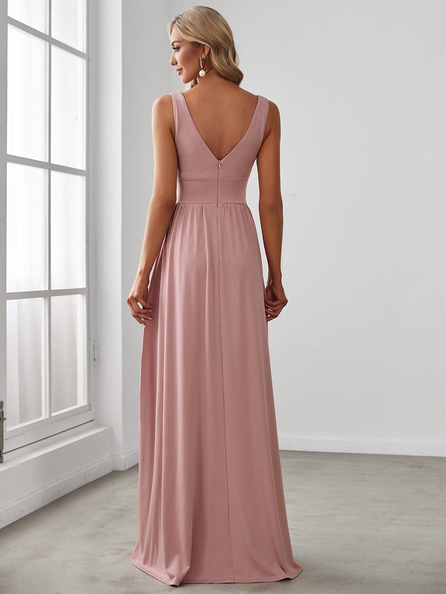 Chiffon High Slit Sleeveless V-Neck Empire Waist Evening Dress #color_Dusty Rose