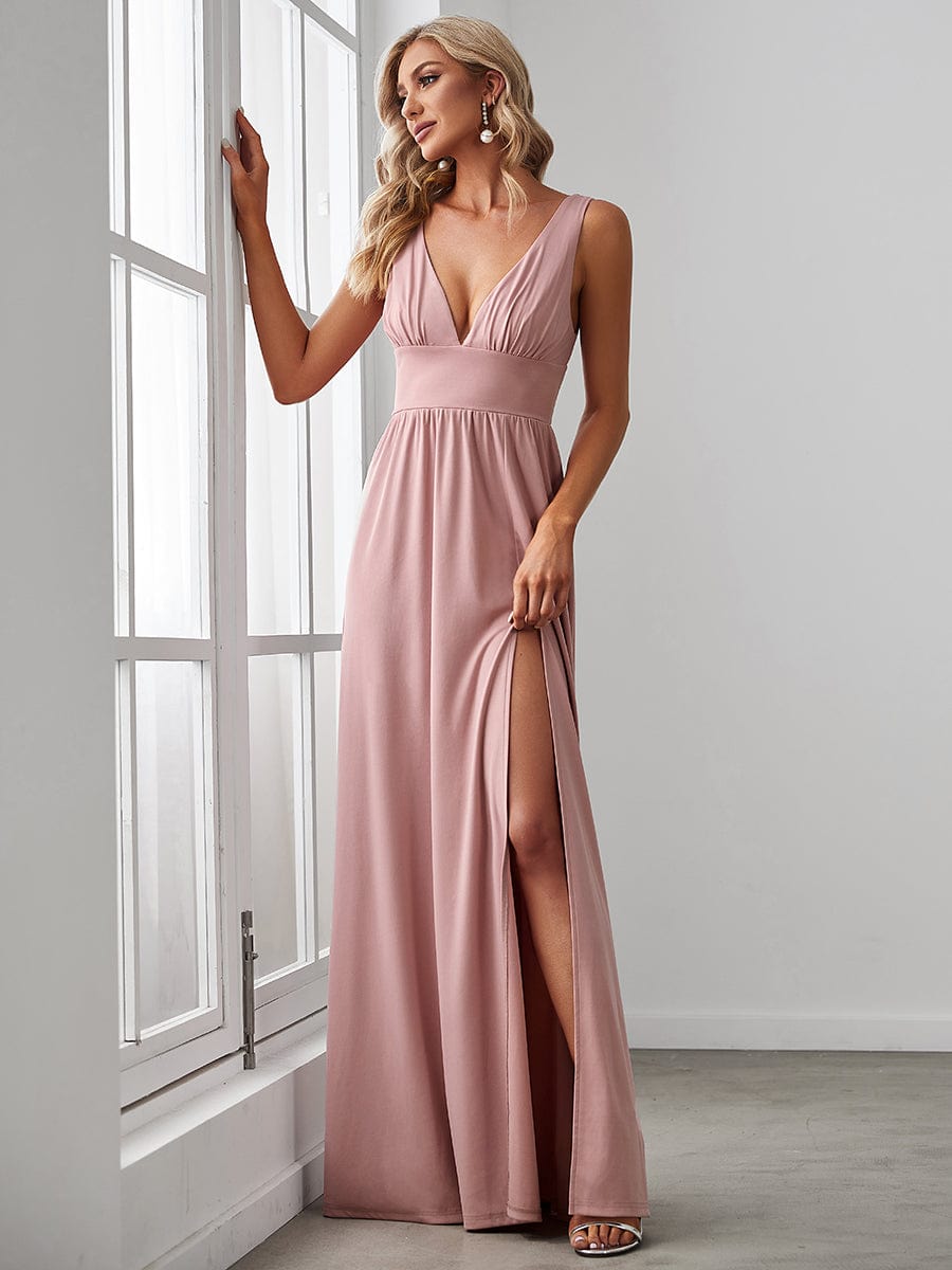 Chiffon High Slit Sleeveless V-Neck Empire Waist Evening Dress #color_Dusty Rose