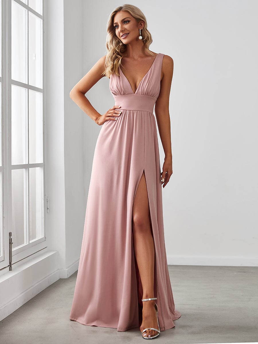 Chiffon High Slit Sleeveless V-Neck Empire Waist Evening Dress #color_Dusty Rose