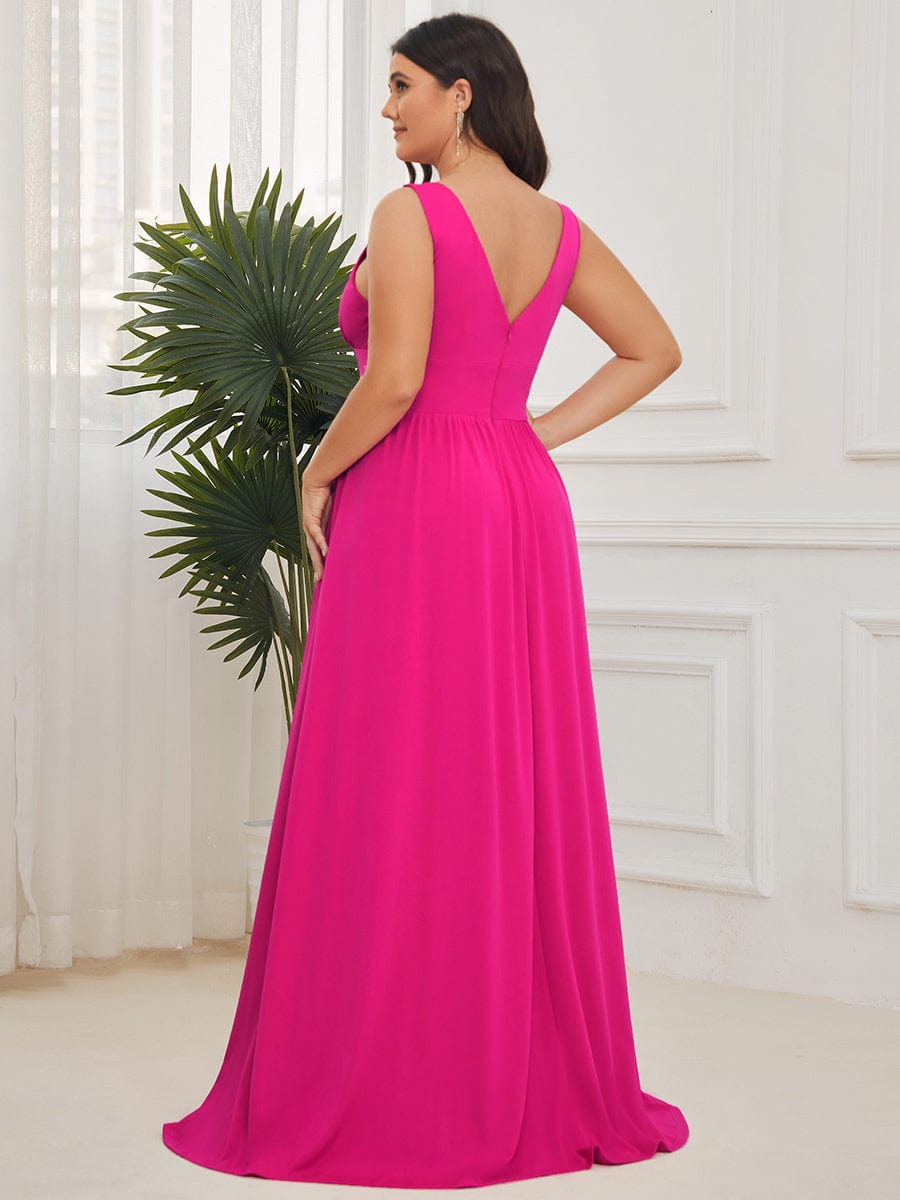 Chiffon High Slit Sleeveless V-Neck Empire Waist Evening Dress #color_Hot Pink