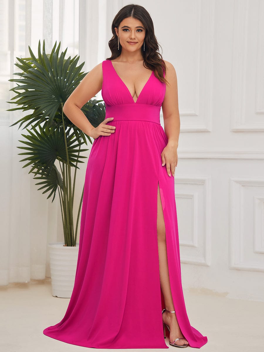 Chiffon High Slit Sleeveless V-Neck Empire Waist Evening Dress #color_Hot Pink