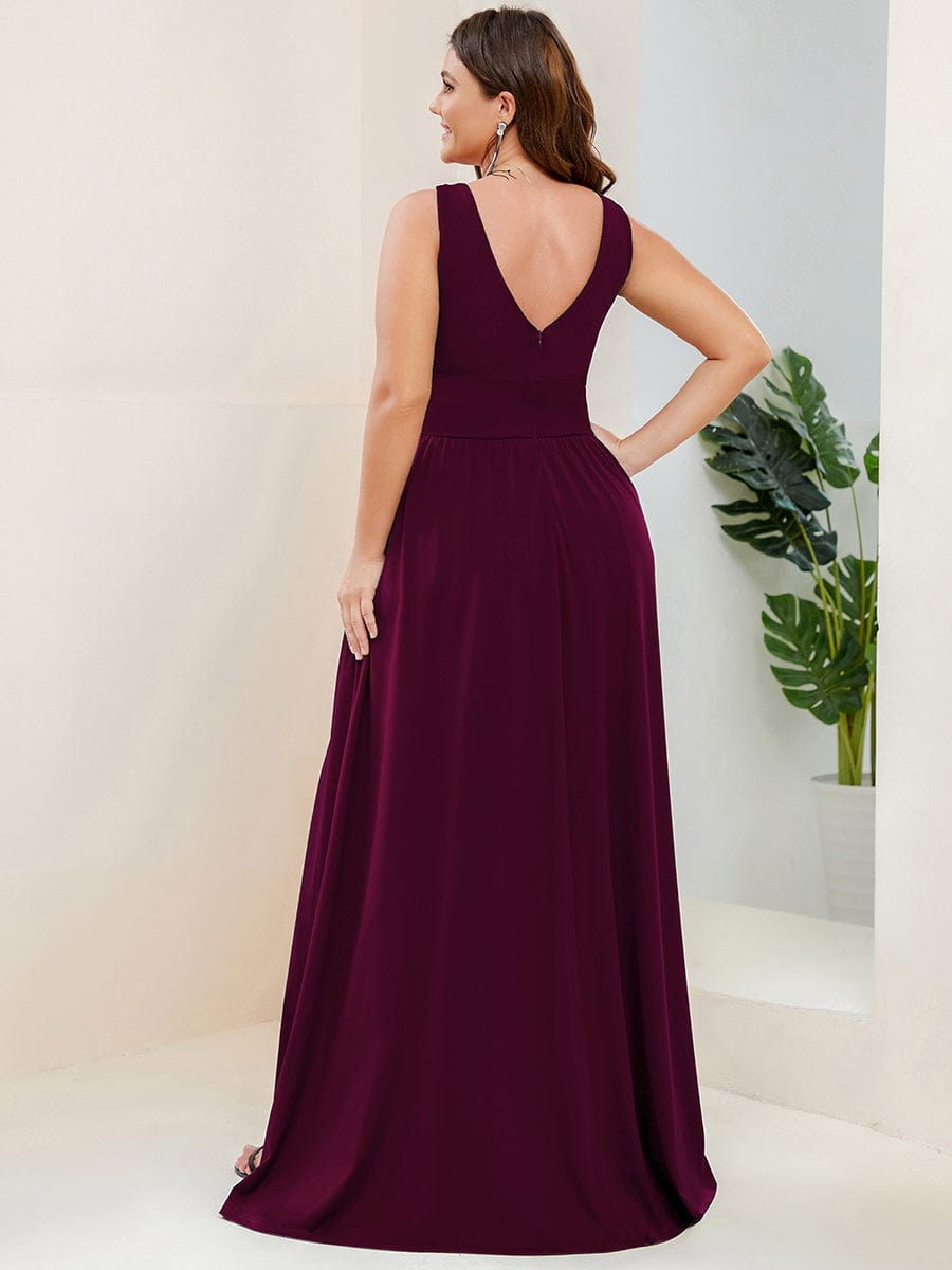 Chiffon High Slit Sleeveless V-Neck Empire Waist Evening Dress #color_Mulberry