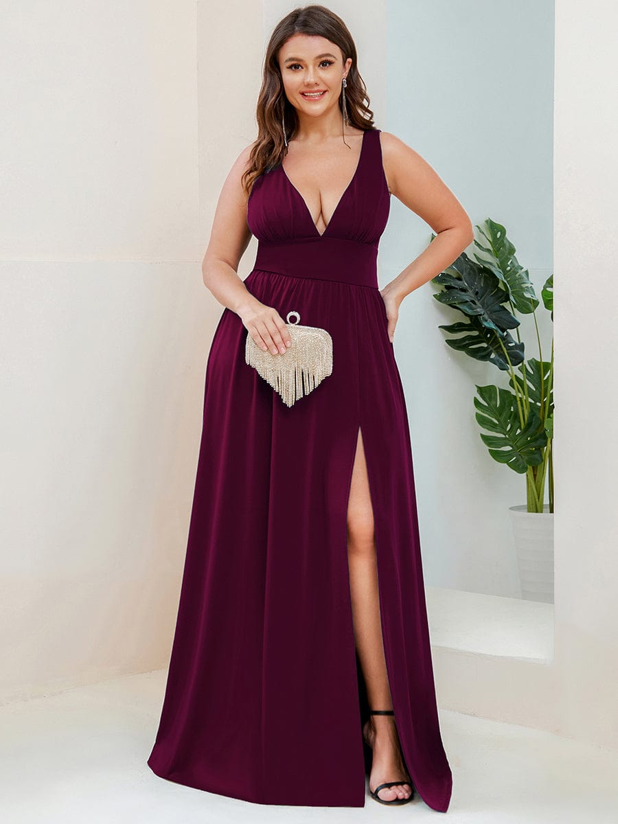 Chiffon High Slit Sleeveless V-Neck Empire Waist Evening Dress #color_Mulberry