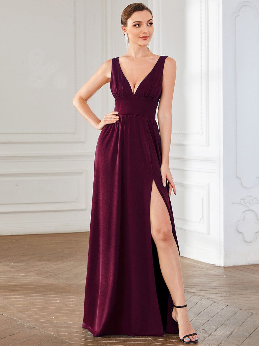 Chiffon High Slit Sleeveless V-Neck Empire Waist Evening Dress #color_Mulberry