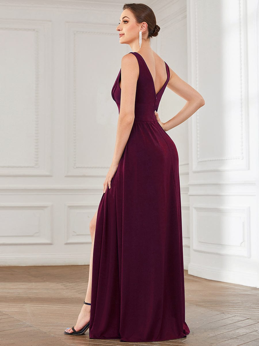 Chiffon High Slit Sleeveless V-Neck Empire Waist Evening Dress #color_Mulberry