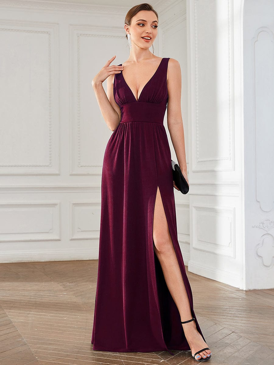 Chiffon High Slit Sleeveless V-Neck Empire Waist Evening Dress #color_Mulberry