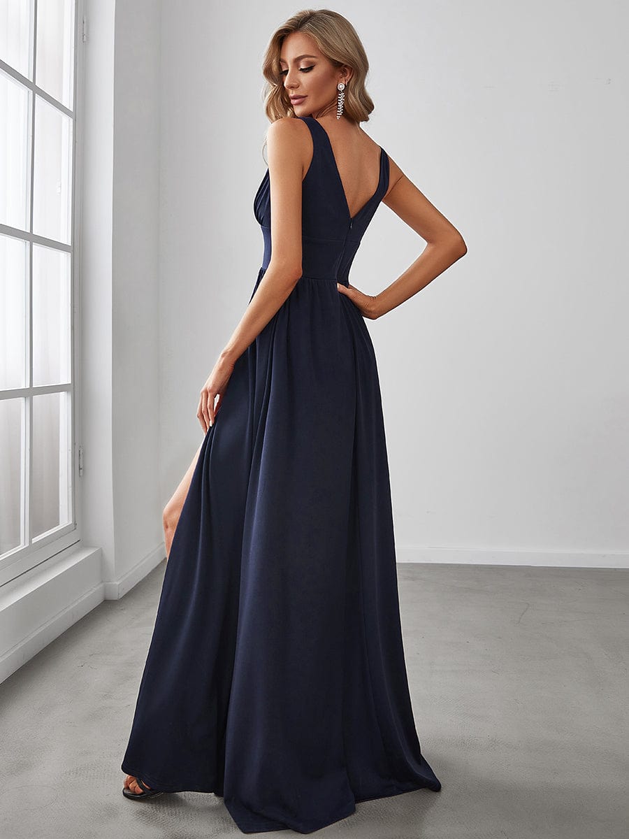 Chiffon High Slit Sleeveless V-Neck Empire Waist Evening Dress #color_Navy Blue