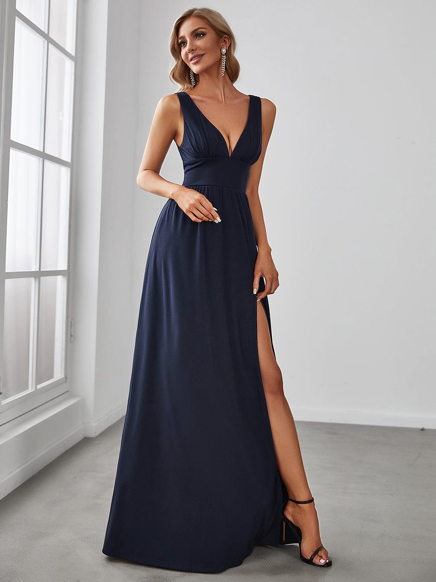 Chiffon High Slit Sleeveless V-Neck Empire Waist Evening Dress #color_Navy Blue