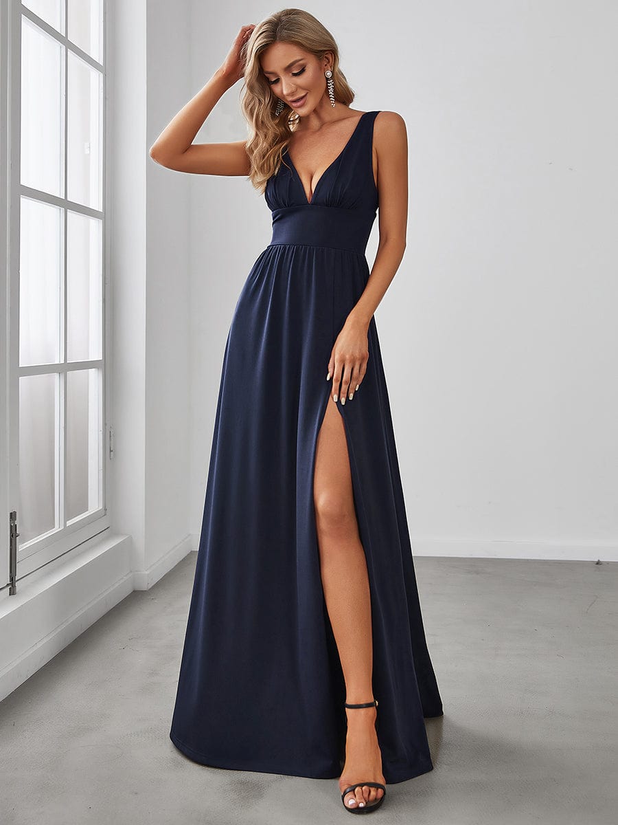 Chiffon High Slit Sleeveless V-Neck Empire Waist Evening Dress #color_Navy Blue