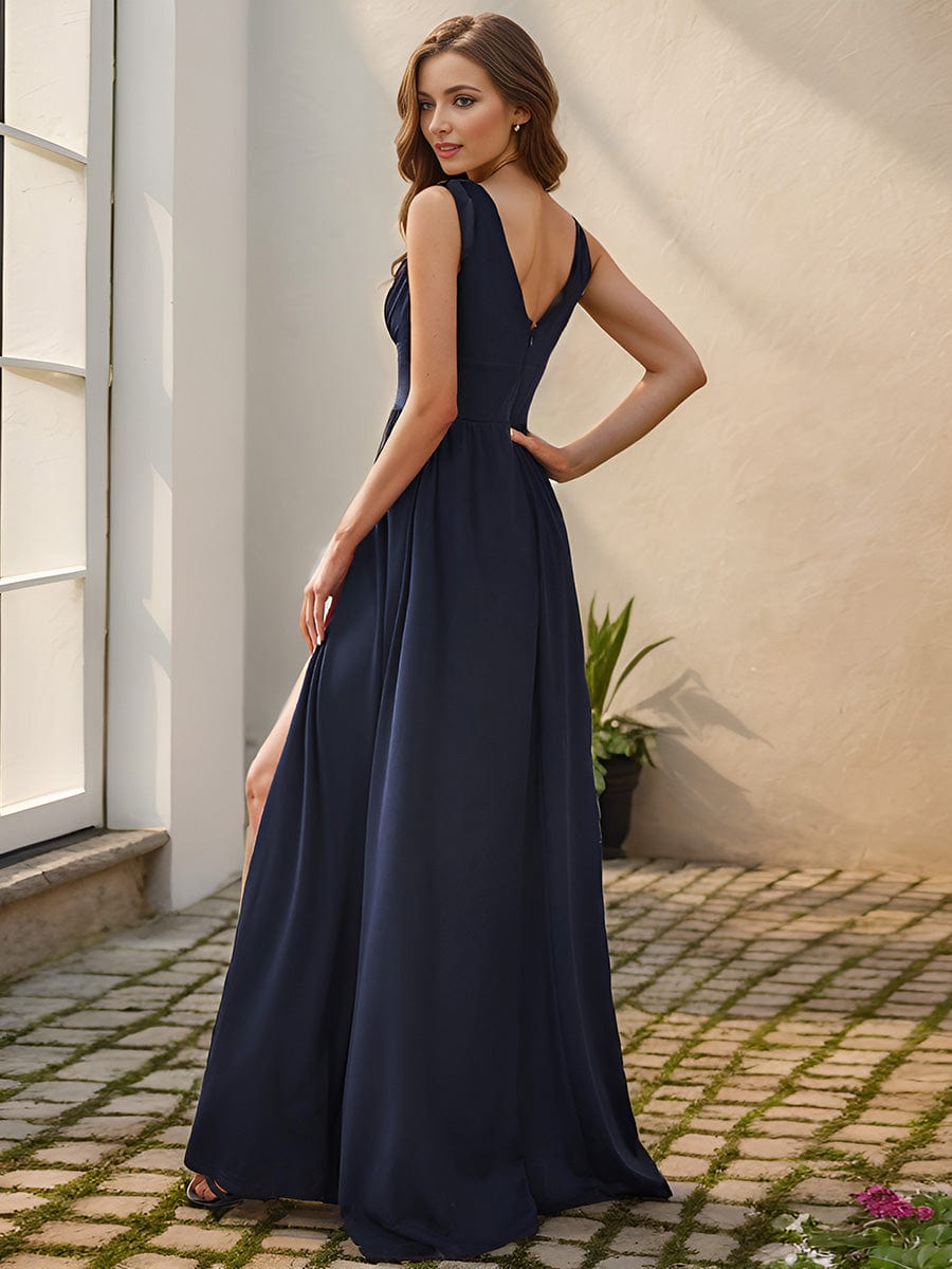 Sleeveless V-Neck Empire Waist High Slit Floor-Length Evening Dress #color_Navy Blue