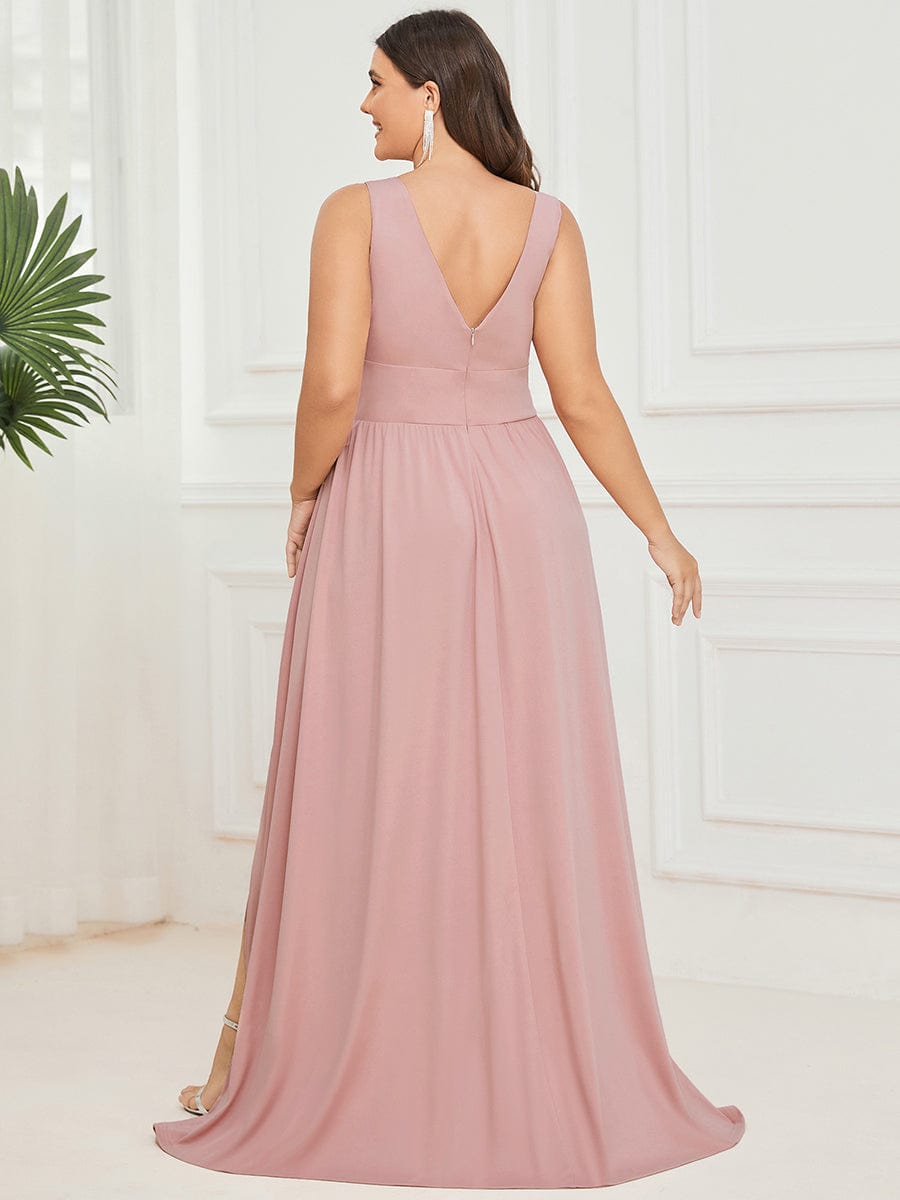 Plus Size Sleeveless V-Neck Empire Waist High Slit Floor-Length Evening Dress #color_Pink