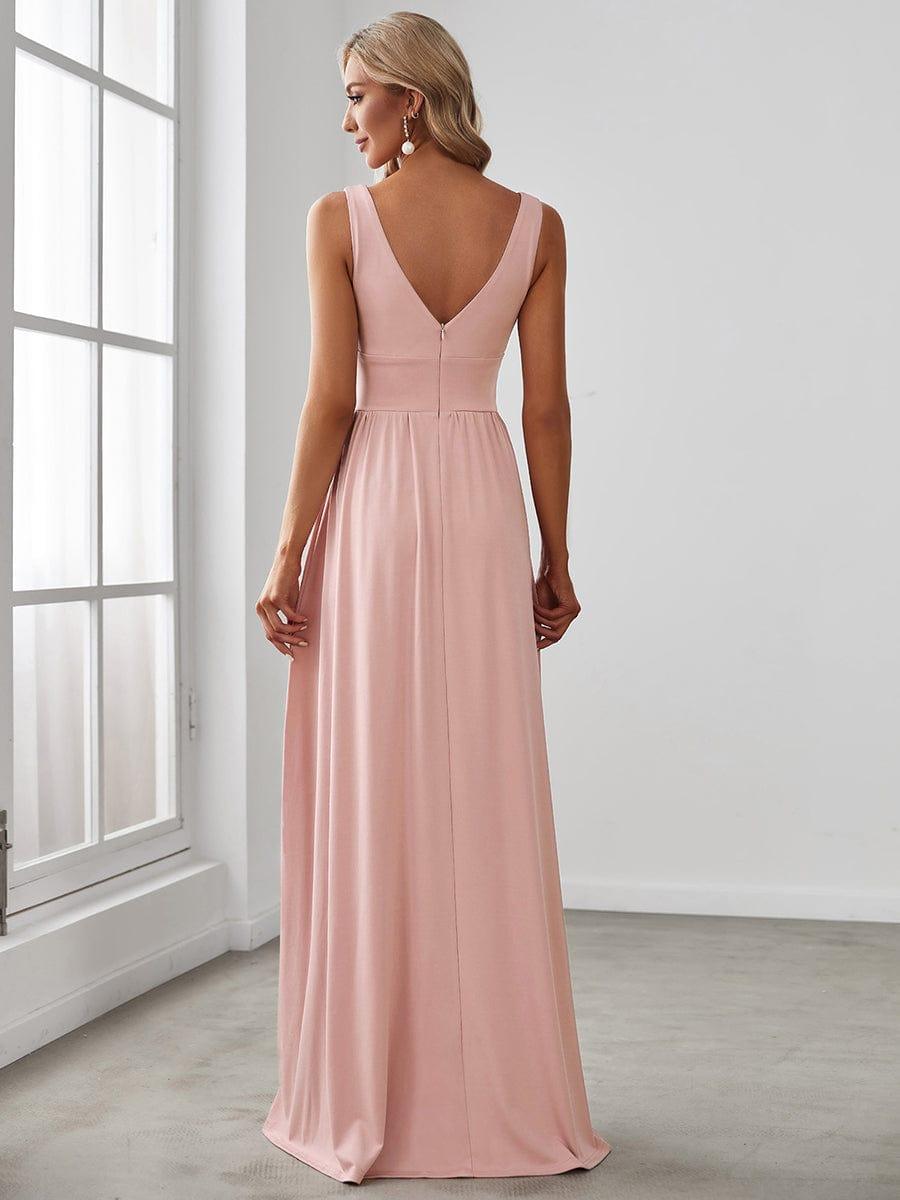 Chiffon High Slit Sleeveless V-Neck Empire Waist Evening Dress #color_Pink