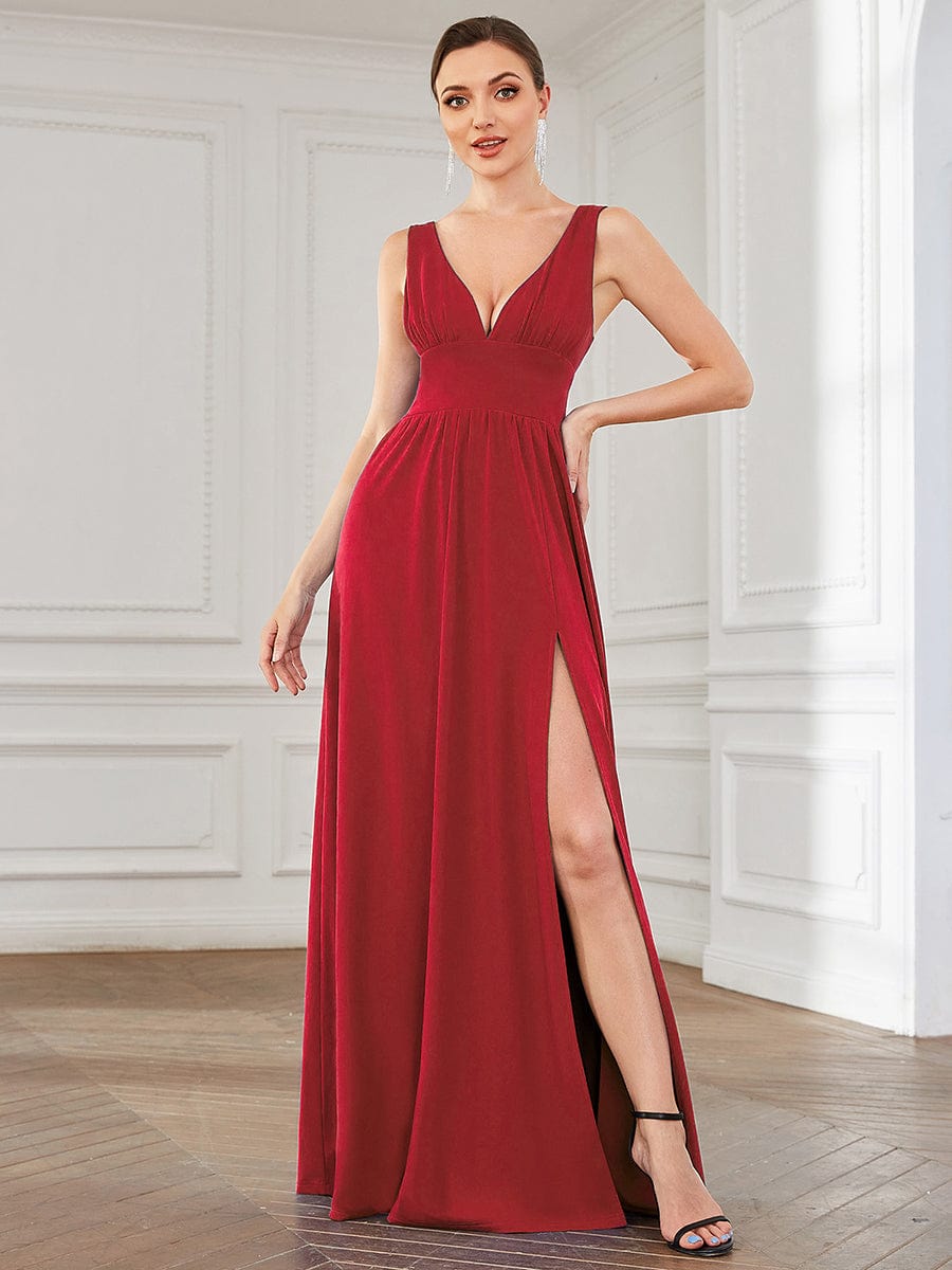 Chiffon High Slit Sleeveless V-Neck Empire Waist Evening Dress #color_Red