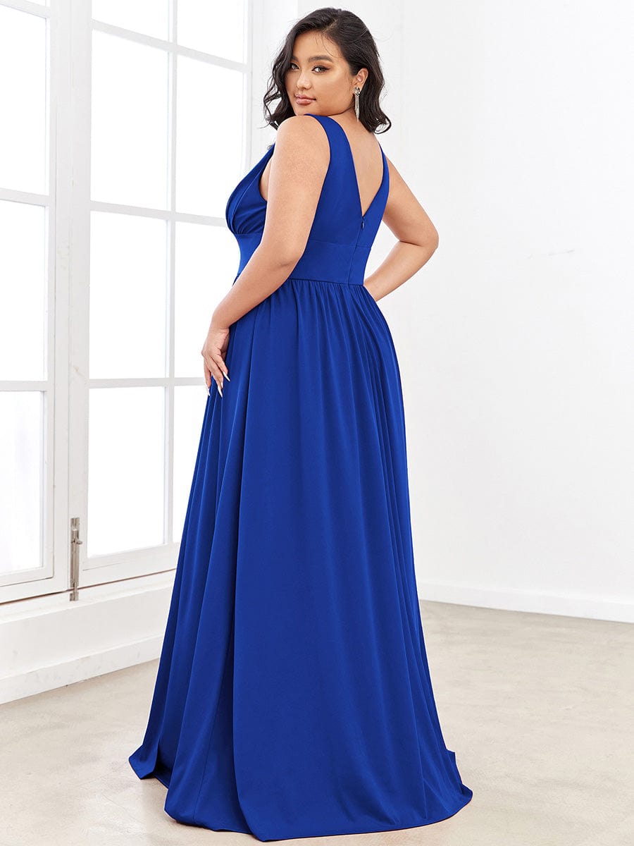 Chiffon High Slit Sleeveless V-Neck Empire Waist Evening Dress #color_Sapphire Blue