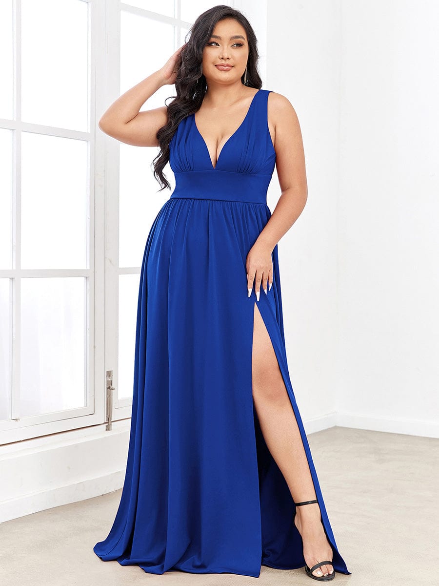 Chiffon High Slit Sleeveless V-Neck Empire Waist Evening Dress #color_Sapphire Blue