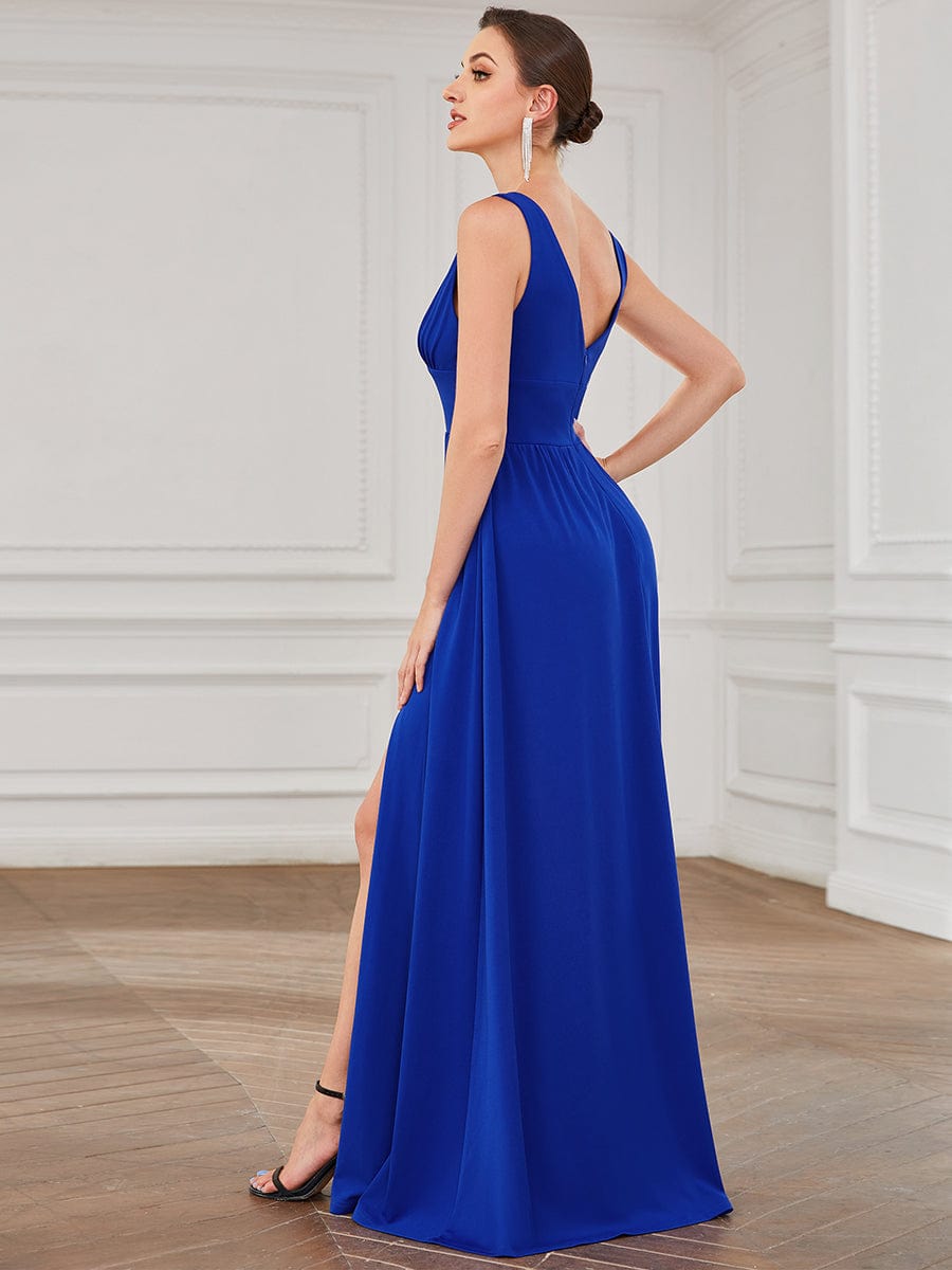 Chiffon High Slit Sleeveless V-Neck Empire Waist Evening Dress #color_Sapphire Blue