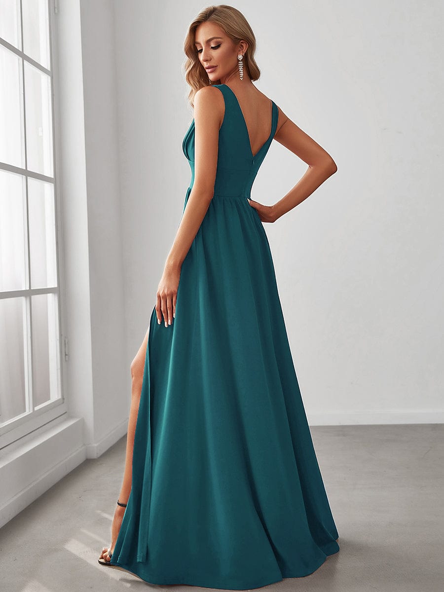 Chiffon High Slit Sleeveless V-Neck Empire Waist Evening Dress #color_Teal